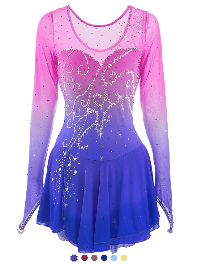  Figure Skating Dress Women's Girls' Ice Skating Dress Outfits Dark Red Dusty Rose Sky Blue Mesh Spandex Halo Dyeing Competition High Elasticity Skating Wear Handmade Ice Skating Figure Skating