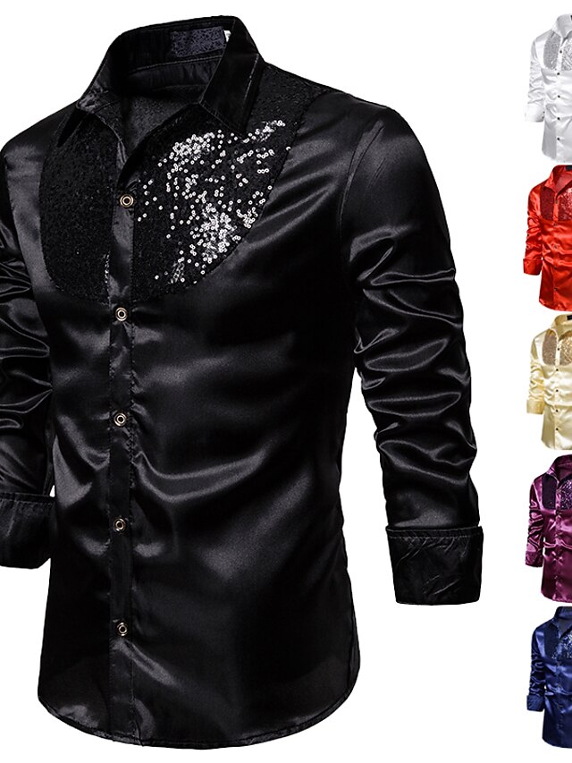  Men's Shirt Prom Shirt Collar Classic Collar Solid Colored White Black Blue Purple Gold Long Sleeve Sequins Performance Club Tops Basic Sexy