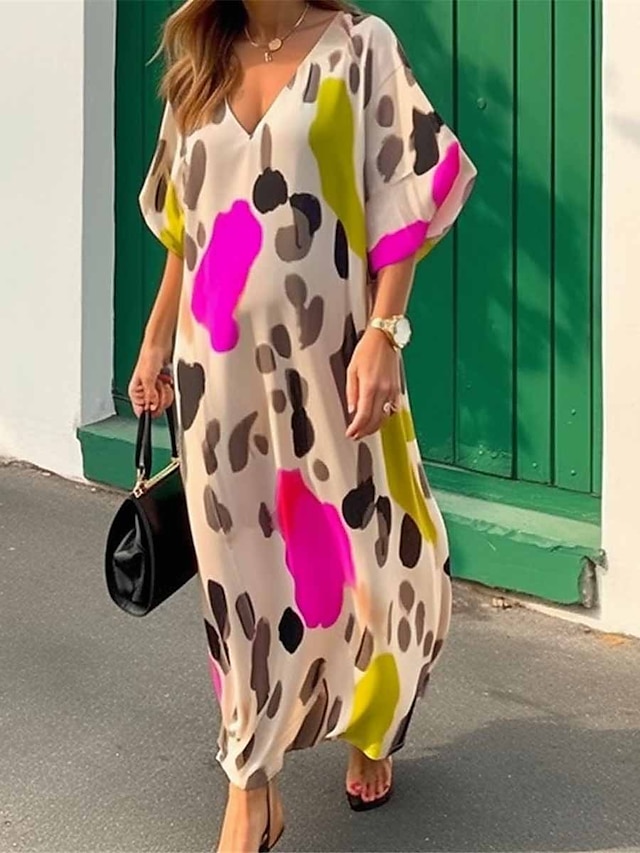  Leopard Print Women's Maxi Dress V Neck Loose Fit