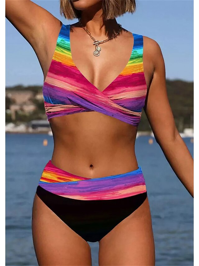  Damen Badeanzug Bikinis Normal Bademode Batik 2 teilig Print Rosenrot Badeanzüge Strandbekleidung Sommer Sport