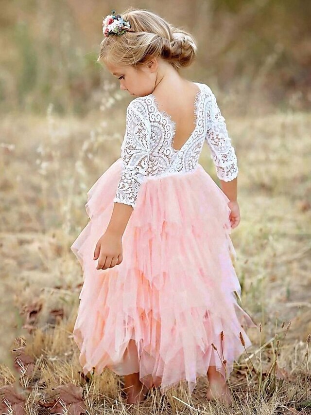 Girls' Pink Lace Tulle Tiered Princess Dress