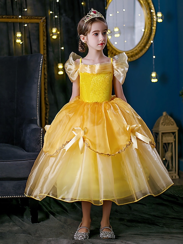  Kids Little Girls' Dress Cartoon Layered Ruched Lace Yellow Maxi Short Sleeve Cute Dresses Regular Fit