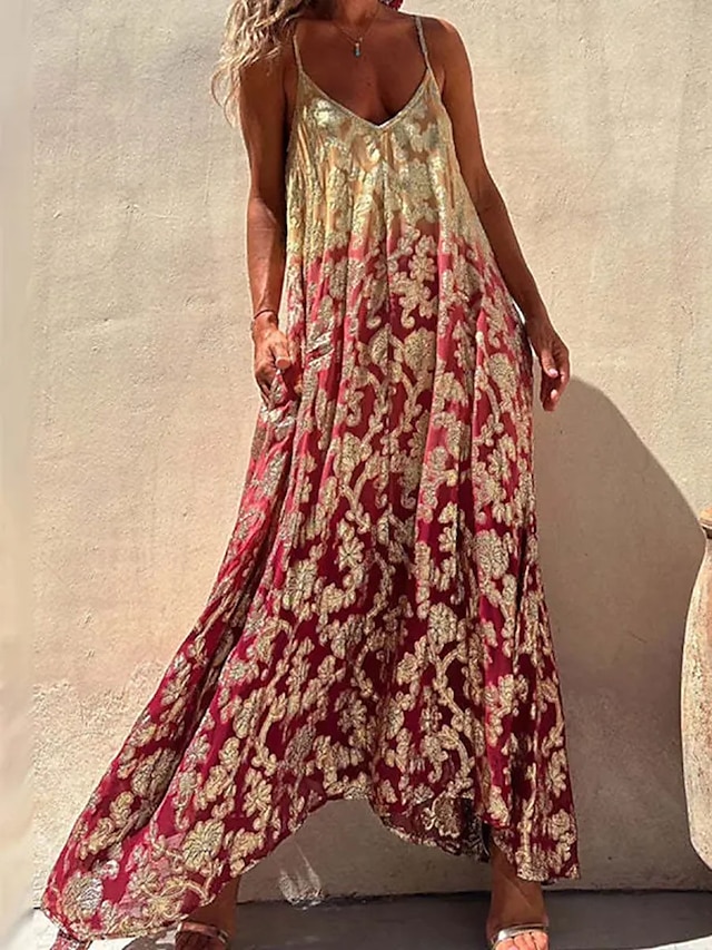  Floral Print Maxi Swing Dress for Women