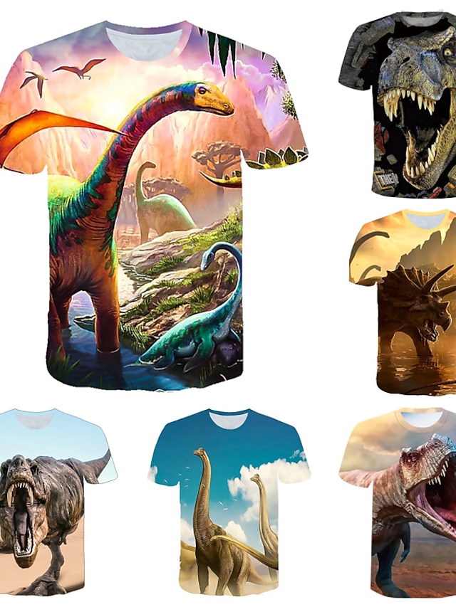  Børn Baby Drenge T-shirt Kortærmet Dinosaurus Fantastiske Dyr Grafisk 3D Dyr Crewneck Trykt mønster Hvid Blå Gul Børn Toppe Aktiv Sej 2-12 år