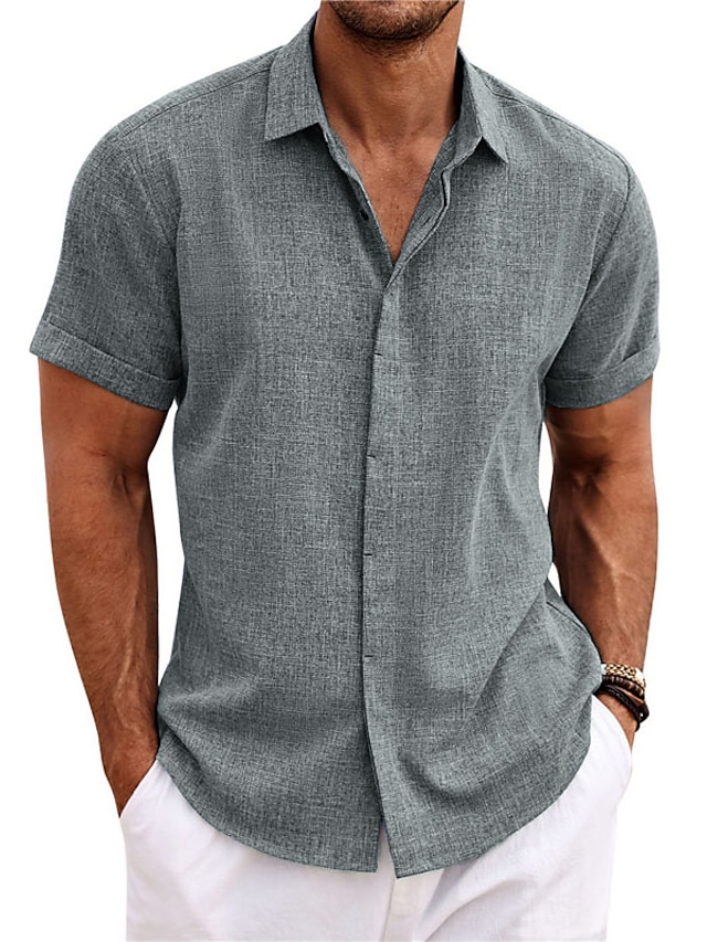  Men's Casual Plain Linen Shirt Short Sleeve