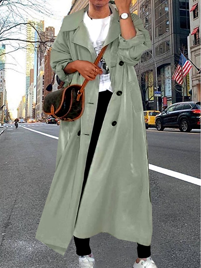  Women's Trench Coat Spring Summer Outdoor Street Daily Maxi Coat Breathable Regular Fit Casual Jacket Long Sleeve Oversize Solid Color Green