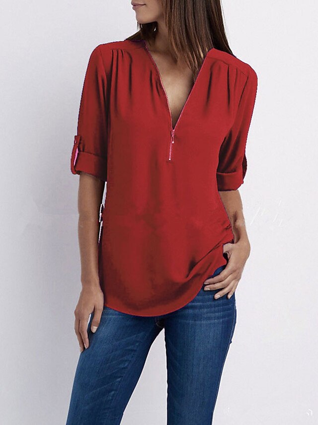  Damen Hemd Bluse Zip Grundlegend Täglich Glatt T-Shirt Ärmel V Ausschnitt Sommer Regulär Schwarz Weiß Rosa Rote Dunkelblau