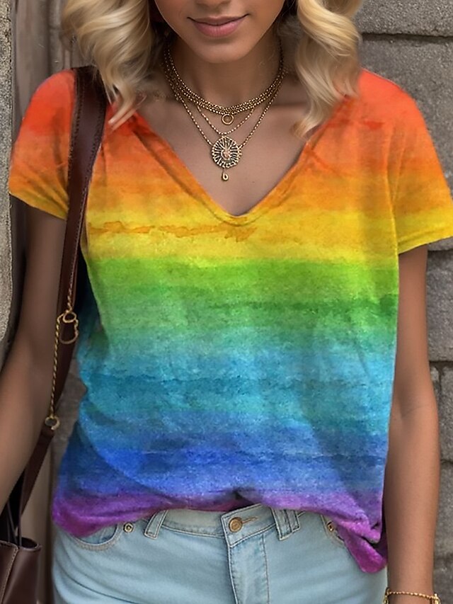  Women's T shirt Tee Rainbow Rainbow Home Daily Short Sleeve V Neck Basic Regular LGBT Pride S