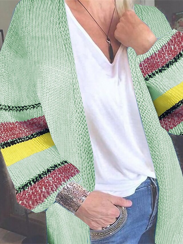  Women's Cardigan Knitted Rainbow Color Block Basic Casual Long Sleeve Loose Sweater Cardigans Open Front Fall Spring Pink Light Green Beige / Daily / Holiday
