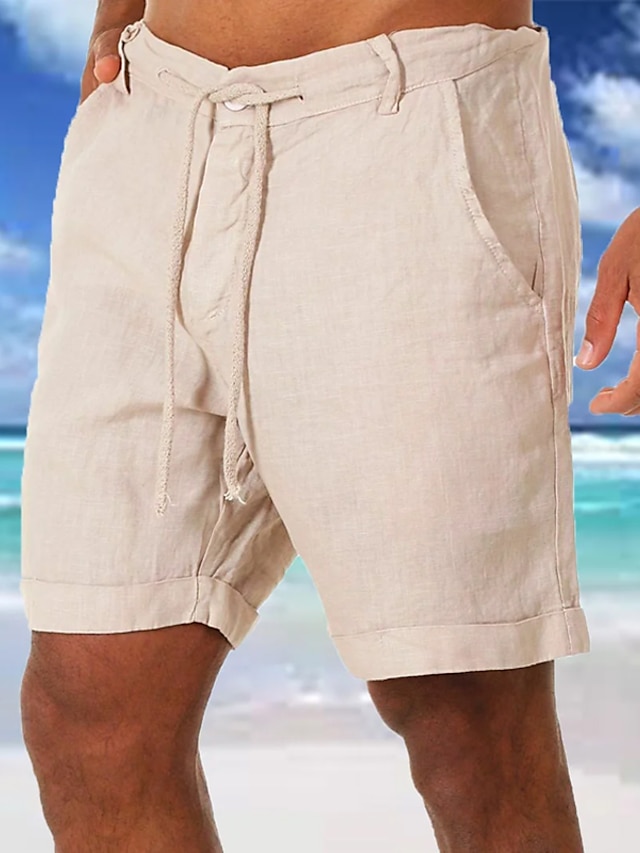  Men's Shorts Linen Shorts Summer Shorts Beach Shorts Drawstring Elastic Waist Plain Breathable Soft Short Daily Streetwear Casual / Sporty White Blue Micro-elastic