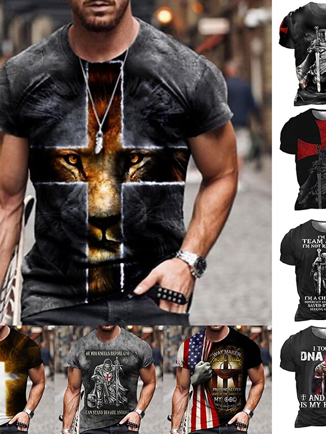  Chemise graphique homme t-shirt unisexe imprimé lion col rond croisé noir gris or + blanc + noir rouge 3d zéro deux plus coton décontracté