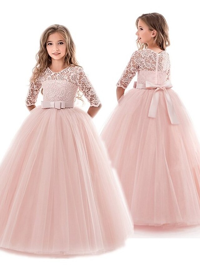  Infantil Para Meninas Vestido Cor Sólida Pegeant Laço Vintage Princesa Poliéster Longo Vestido rosa princesa Branco Rosa Vinho