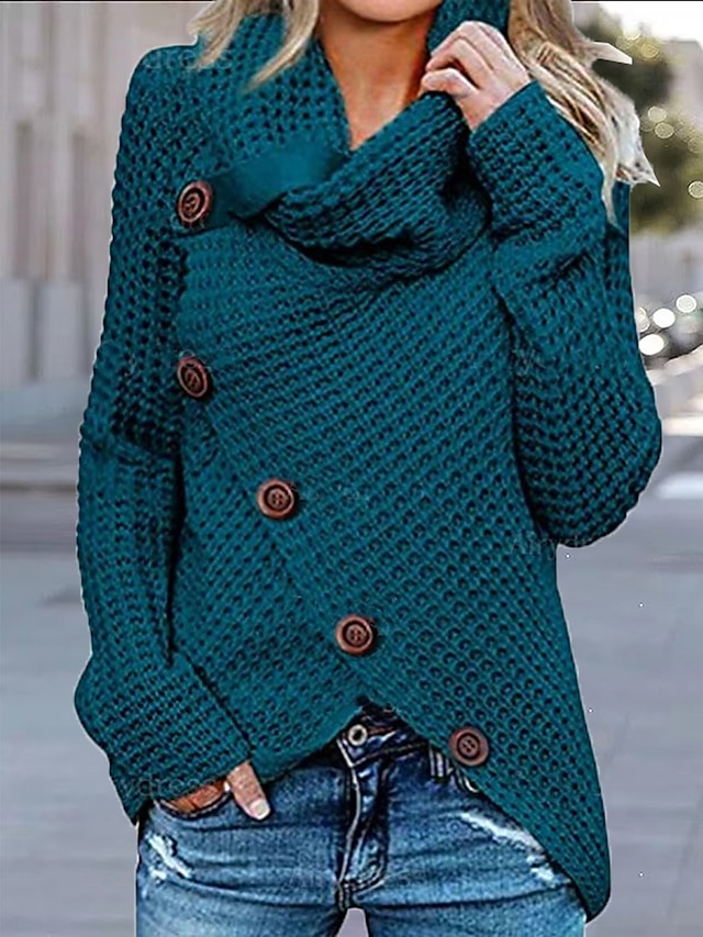  Women's Pullover Sweater Jumper Chunky Waffle Knit Knitted Button Tunic Turtleneck Solid Color Daily Casual Drop Shoulder Fall Winter Dark Yellow Green S M L / Long Sleeve / Regular Fit
