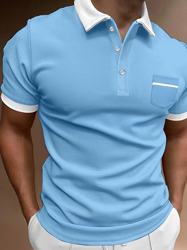  Polo Camisa de polo masculina casual  manga curta  com botões  básica  bloco de cores  bolso com botão