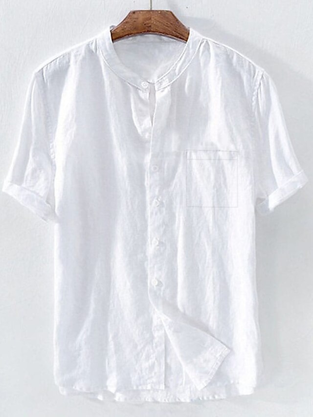  Herre linned skjorte Stående krave Ensfarvet Hvid Blå Kortærmet Patchwork Daglig Ferie Toppe Basale Kineseri