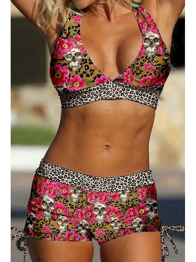  Women's Leopard Skull Print Halter Bikini Swimwear