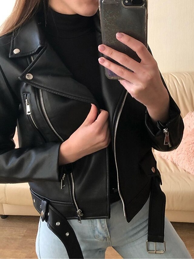Women S Black Faux Leather Moto Jacket With Studs And Fringe Detail Zipper Closu