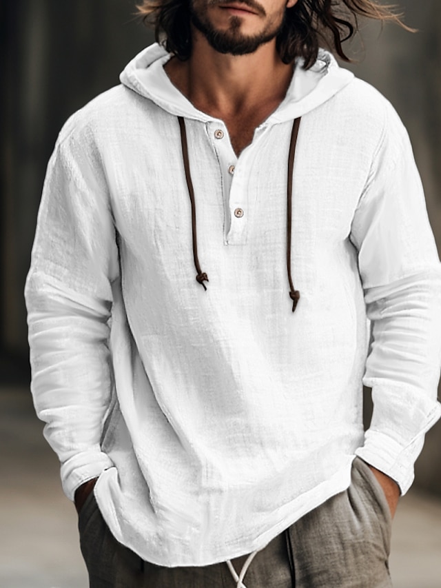  Men's Casual Striped Linen Hooded Shirt