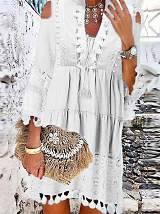  Women's Shift Dress Short Mini Dress Blue Yellow Blushing Pink White Beige 3/4 Length Sleeve Solid Color Tassel Fringe Lace Cold Shoulder Spring Summer V Neck Hot Casual Boho Holiday Beach vacation