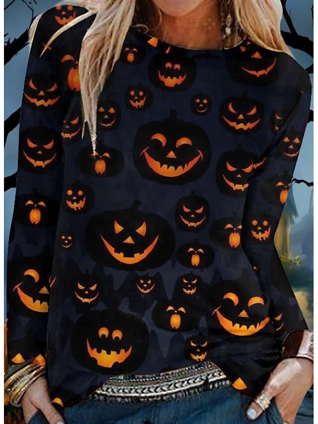  Mujer Camiseta camisa de halloween Negro Graphic Calabaza Estampado Manga Larga Víspera de Todos los Santos Fin de semana Básico Víspera de Todos los Santos Escote Redondo Ajuste regular Abstracto