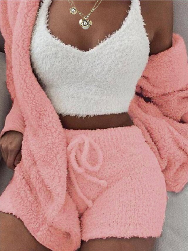  Women's Fluffy Fleece Hooded Pajama Set - 3 Pieces