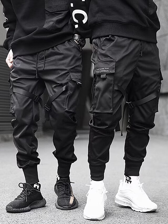  Men's Cargo Pants Cargo Trousers Joggers Techwear Drawstring Elastic Waist Multi Pocket Plain Ankle-Length Casual Weekend Cotton Streetwear Hip Hop Black