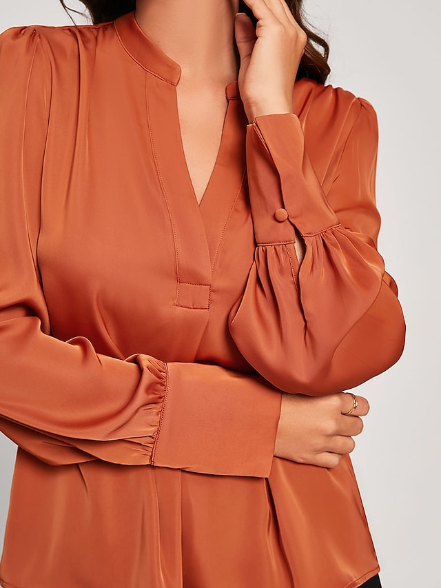  Satin V Neck Button Blouse