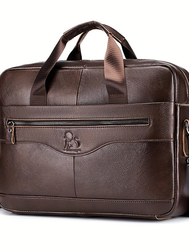  Men's Handbag Crossbody Bag Briefcase Leather Cowhide Laptop Bag Office Daily Waterproof Breathable Zipper Solid Color Dark Brown Black