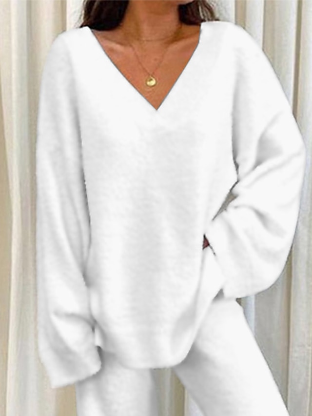  Conjuntos de salão de lã feminino 2 peças cor sólida fofo fuzzy quente pijama com decote em v manga longa para outono inverno branco s 3xl