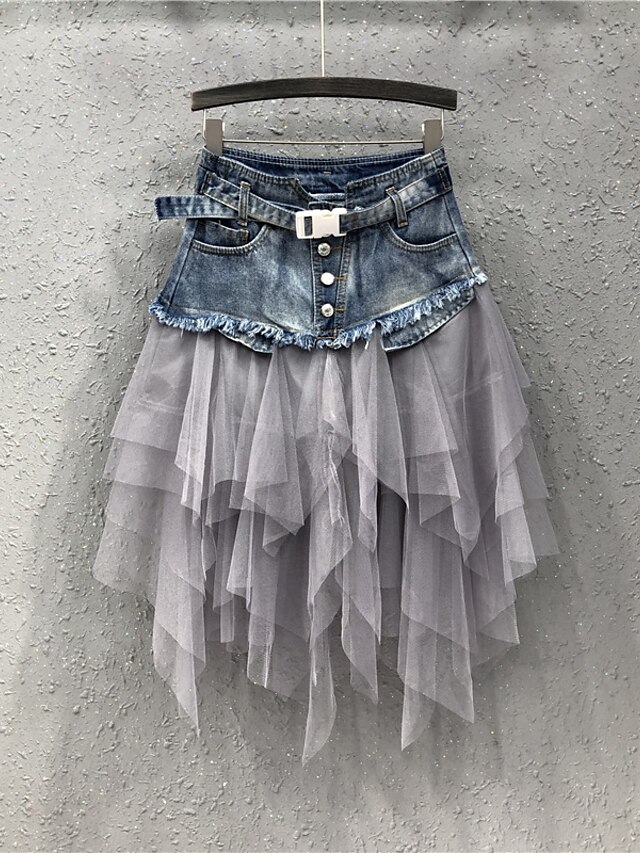  Women's Skirt A Line Asymmetrical Skirts Pleated Tulle Color Block Solid Colored Daily Wear Vacation Summer Denim Basic Long Carnival Costumes Ladies Black Light Blue