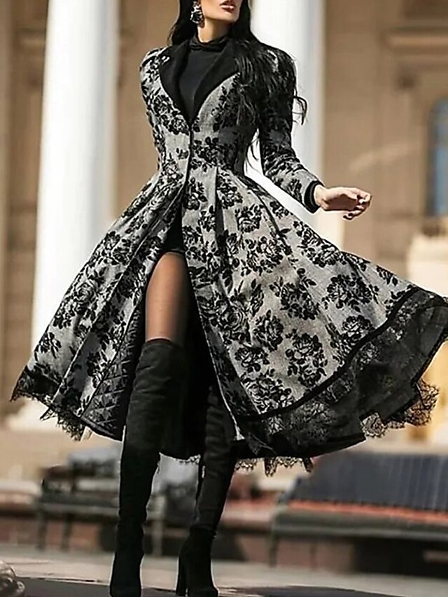  delle donne di halloween vestito da partito del vestito di pizzo abito altalena vestito midi vestito nero a maniche lunghe pizzo floreale primavera autunno inverno girocollo classico vestito da