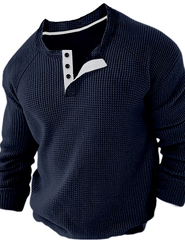  Men's Plain Waffle Henley Long Sleeve Shirt