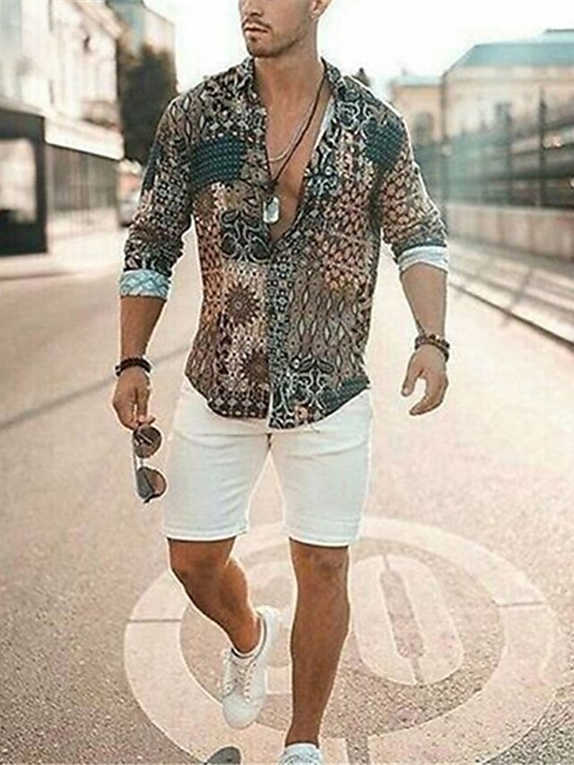  Men's Shirt Geometric Other Prints Button Down Collar Daily Long Sleeve Print Tops Khaki