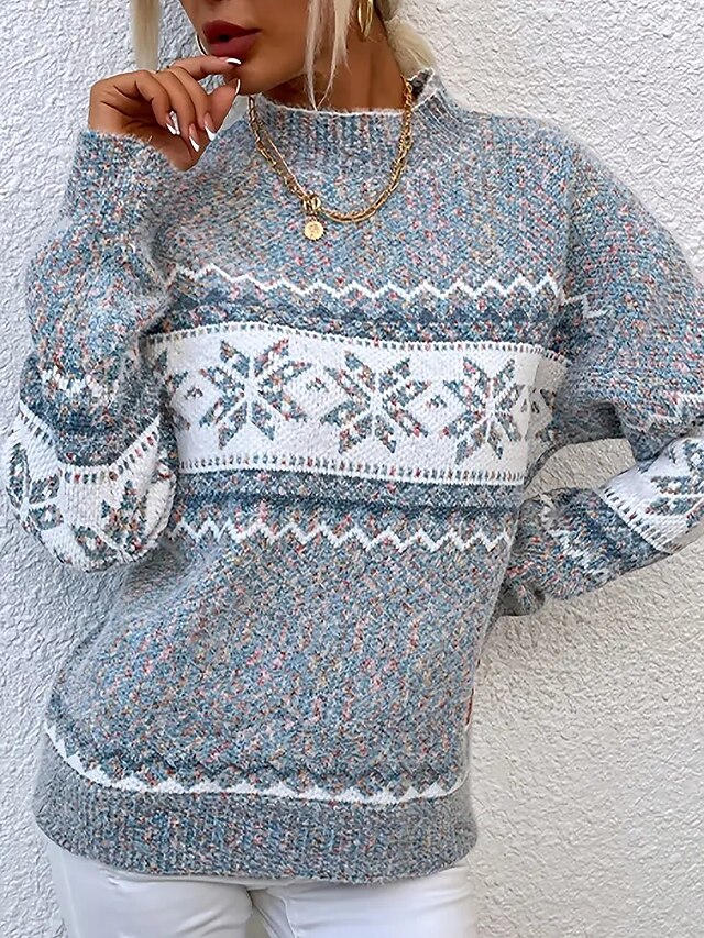  genser for kvinner genser turtleneck ribbestrikk akryl strikket høst vinter jul daglig juleferie vintage stil langermet snøfnugg rosa blå aprikos s m l