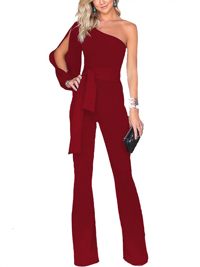  Damen Jumpsuit Gespleisst Feste Farbe kalte Schulter Elegant Ausgefallene Party Abiball Regular Fit Langarm Wein Marineblau Schwarz S M L XL Herbst