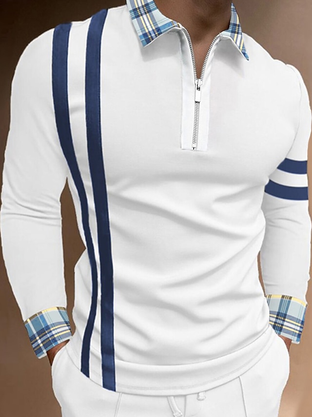  Homme POLO T Shirt golf Col Mao Tartan Blanche Bleu Extérieur Travail Patchwork Tressé manche longue Vêtement Tenue Sportif Mode Entreprise Rétro