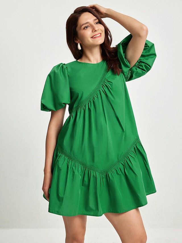  Cotton Bubble Sleeved Short Loose Fitting Dress