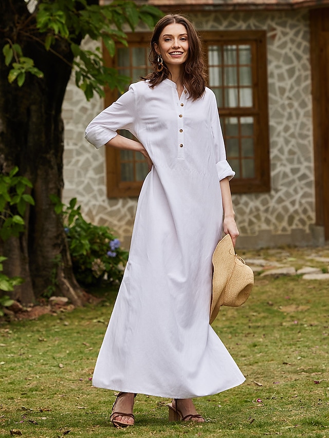  Women's Plain White Cotton Linen Breathable Maxi Dress