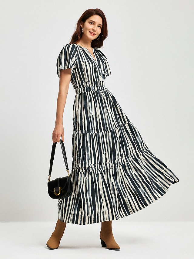  Women's Stripe Print A Line Maxi Dress