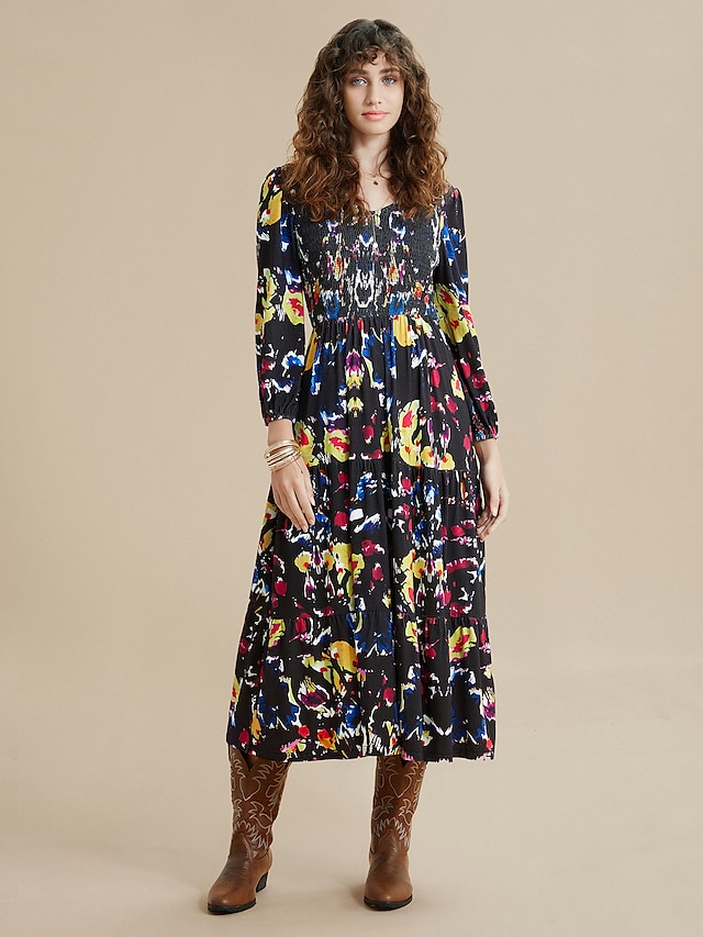  Women's Floral Print V-neck Midi Dress