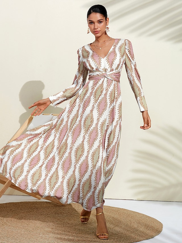  Women's Satin V-neck Print Maxi Dress