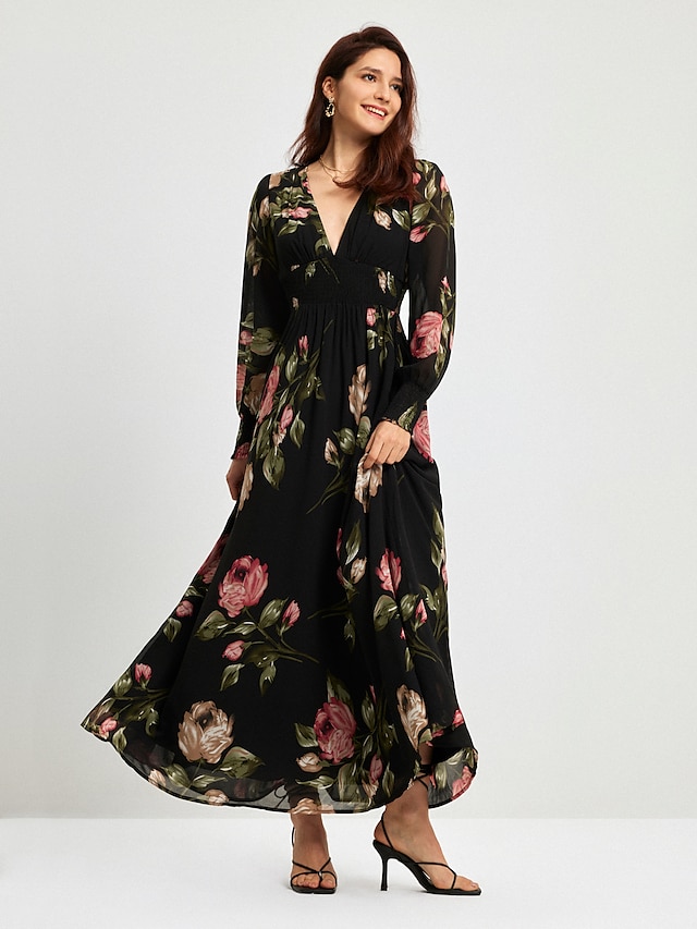  Women's Maxi Dress Floral Print V Neck