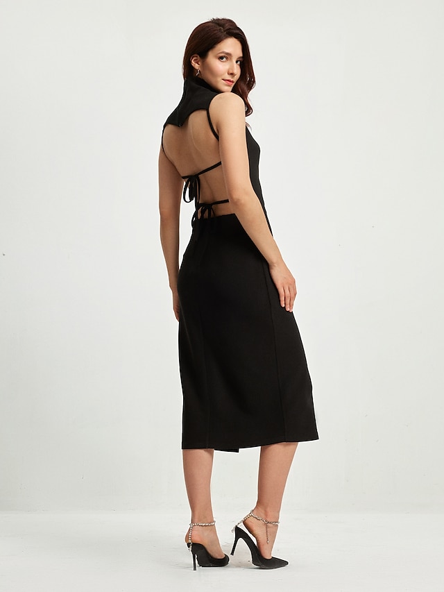  Women's Black Turtleneck Sleeveless Midi Dress
