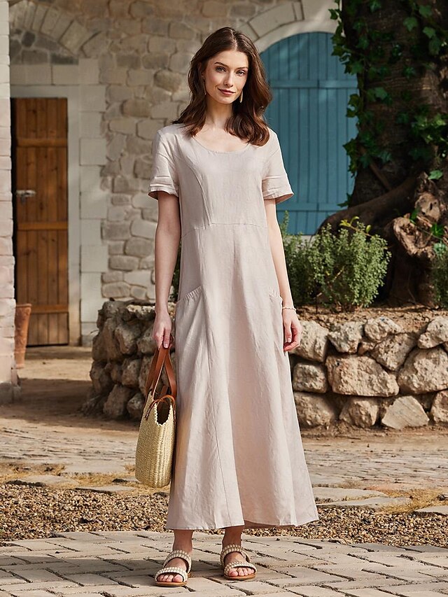  Cotton Linen Plain Pocket Short Sleeve Maxi Dress