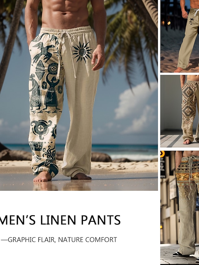  Men's Linen Trousers Beach Pants 3D Print Elastic Waist