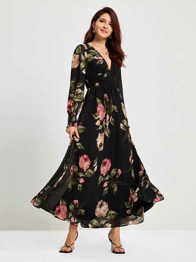  Women's Floral Print Cinched Waist Maxi Dress