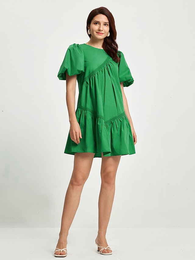  Women's Green Bubble Sleeved Short Mini Dress