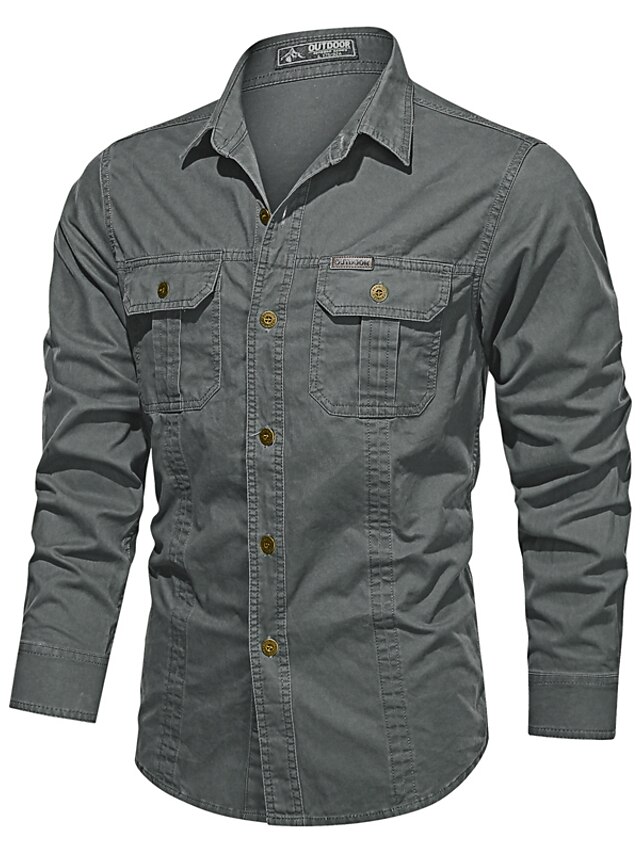  Men's Shirt Cargo Shirt Collar Button Down Collar Solid Colored Black Army Green Khaki Beige Long Sleeve Daily Tops Basic