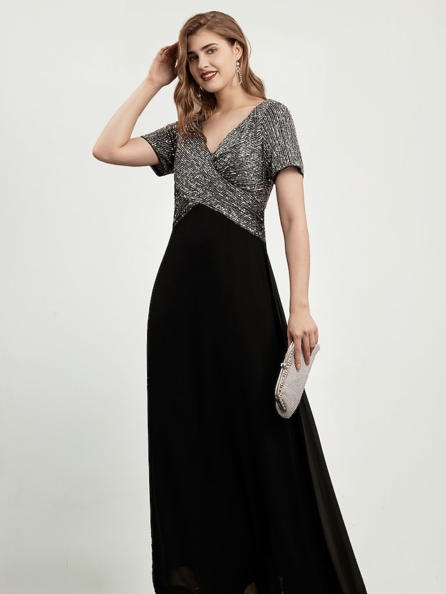  Women's Black Sequin Short Sleeve Maxi Dress