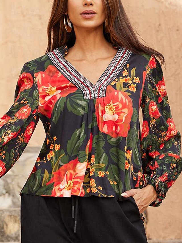  Women's Marcia Red Floral Print Loose Fit Blouse